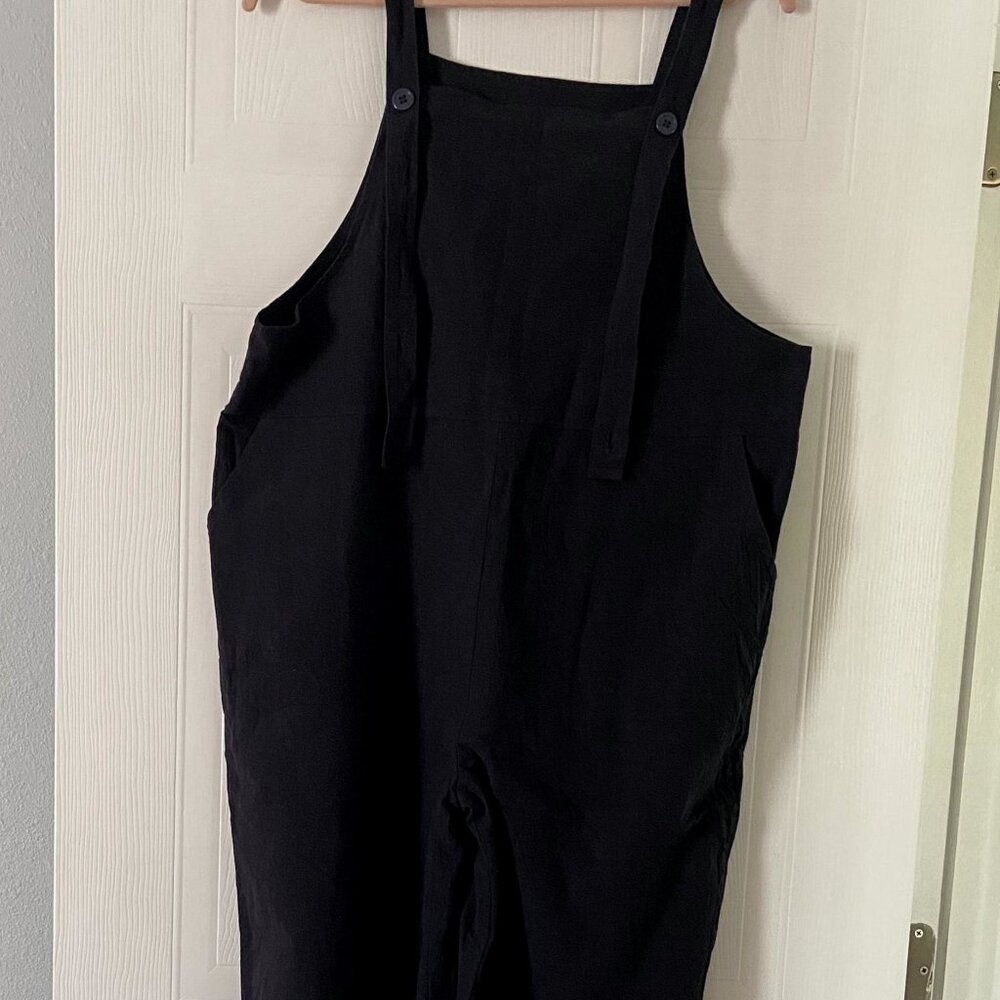 Women’s Navy Cotton Linen Adjustable Straps Jumpsuit Casual Size Large Pockets